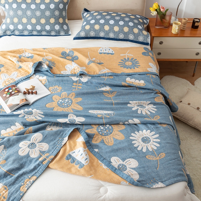 91家纺网 家纺一手货源 找家纺 朴尔家纺-毛巾被 2026春夏新款四层韩版碎花风全棉纯棉纱布毛巾被夏被夏凉被空调被-经典款常年备货 清新夏日-蓝