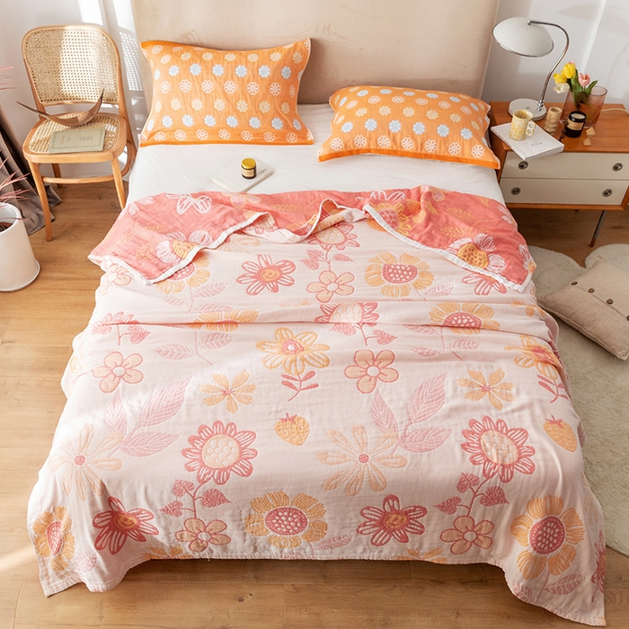 91家纺网 家纺一手货源 找家纺 朴尔家纺-毛巾被 2026春夏新款四层韩版碎花风全棉纯棉纱布毛巾被夏被夏凉被空调被-经典款常年备货 向日花开-米白