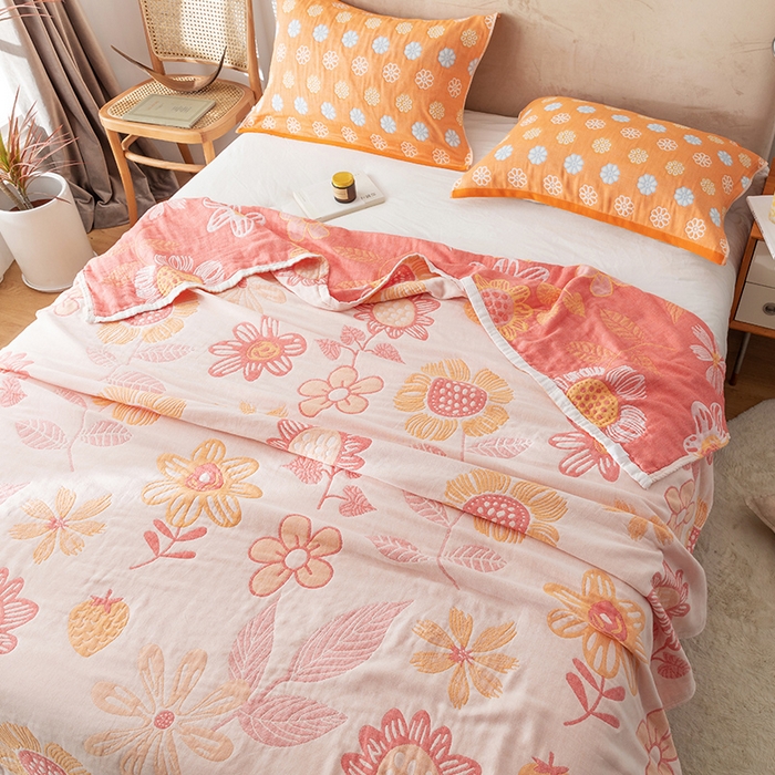 91家纺网 家纺一手货源 找家纺 朴尔家纺-毛巾被 2026春夏新款四层韩版碎花风全棉纯棉纱布毛巾被夏被夏凉被空调被-经典款常年备货 向日花开-米白