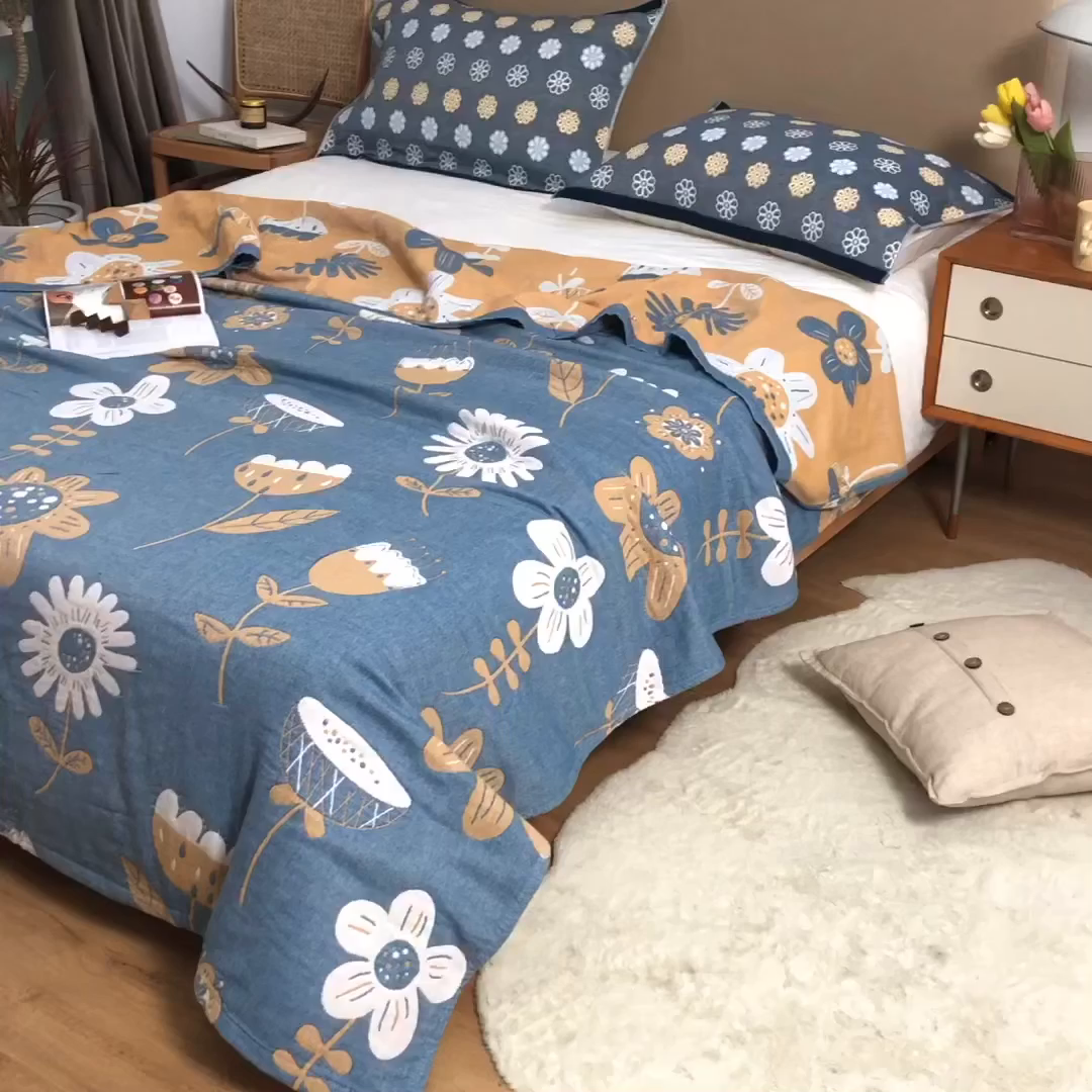 91家纺网 家纺一手货源 找家纺 朴尔家纺-毛巾被 2026春夏新款四层韩版碎花风全棉纯棉纱布毛巾被夏被夏凉被空调被-经典款常年备货 清新夏日-蓝