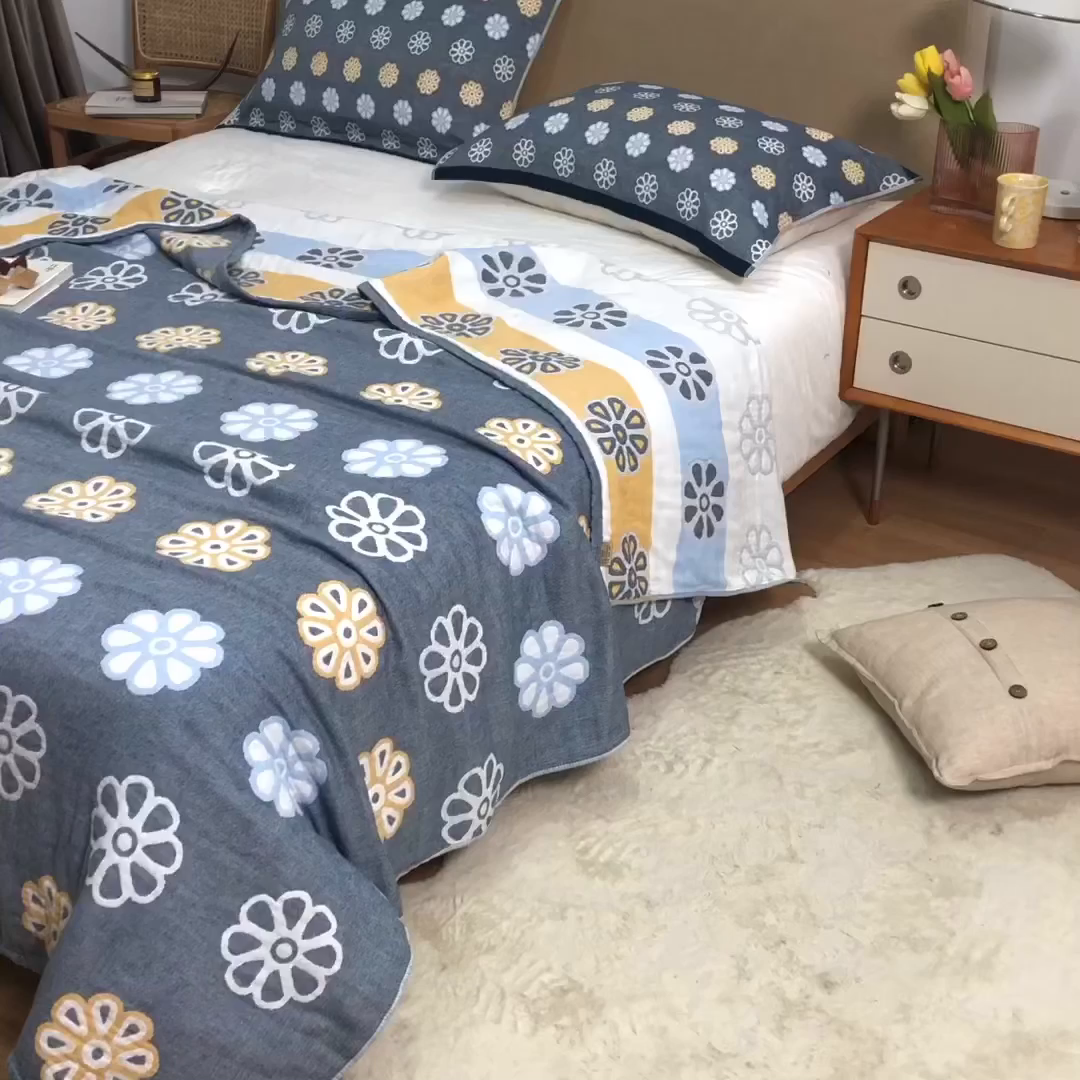 91家纺网 家纺一手货源 找家纺 朴尔家纺-毛巾被 2026春夏新款四层韩版碎花风全棉纯棉纱布毛巾被夏被夏凉被空调被-经典款常年备货 曼陀罗-灰