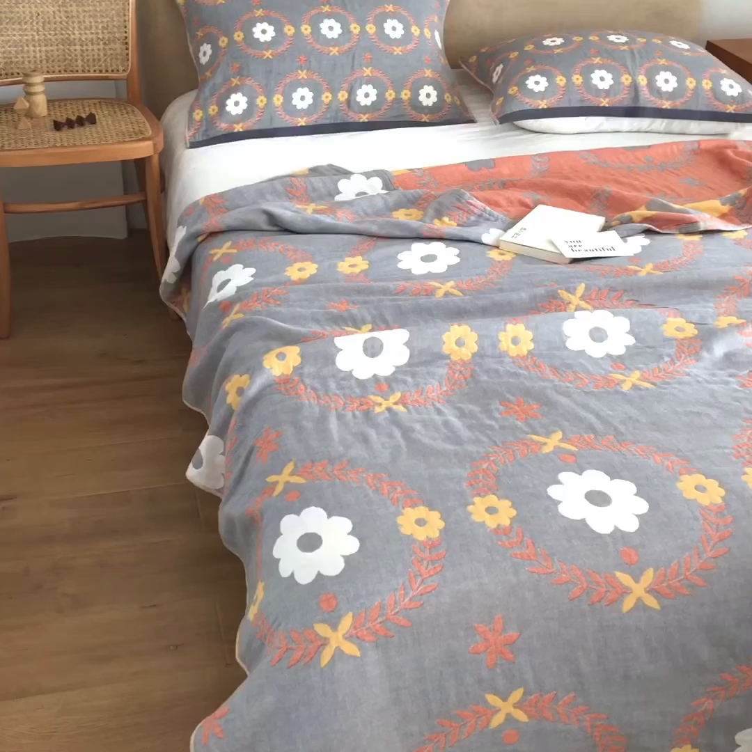 91家纺网 家纺一手货源 找家纺 朴尔家纺-毛巾被 2026春夏新款四层韩版碎花风全棉纯棉纱布毛巾被夏被夏凉被空调被-经典款常年备货 花环-灰