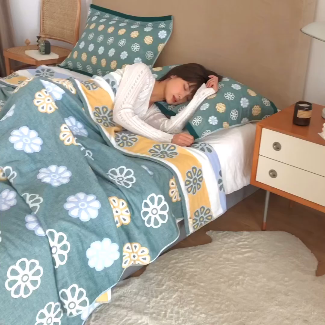 91家纺网 家纺一手货源 找家纺 朴尔家纺-毛巾被 2026春夏新款四层韩版碎花风全棉纯棉纱布毛巾被夏被夏凉被空调被-经典款常年备货 曼陀罗-绿