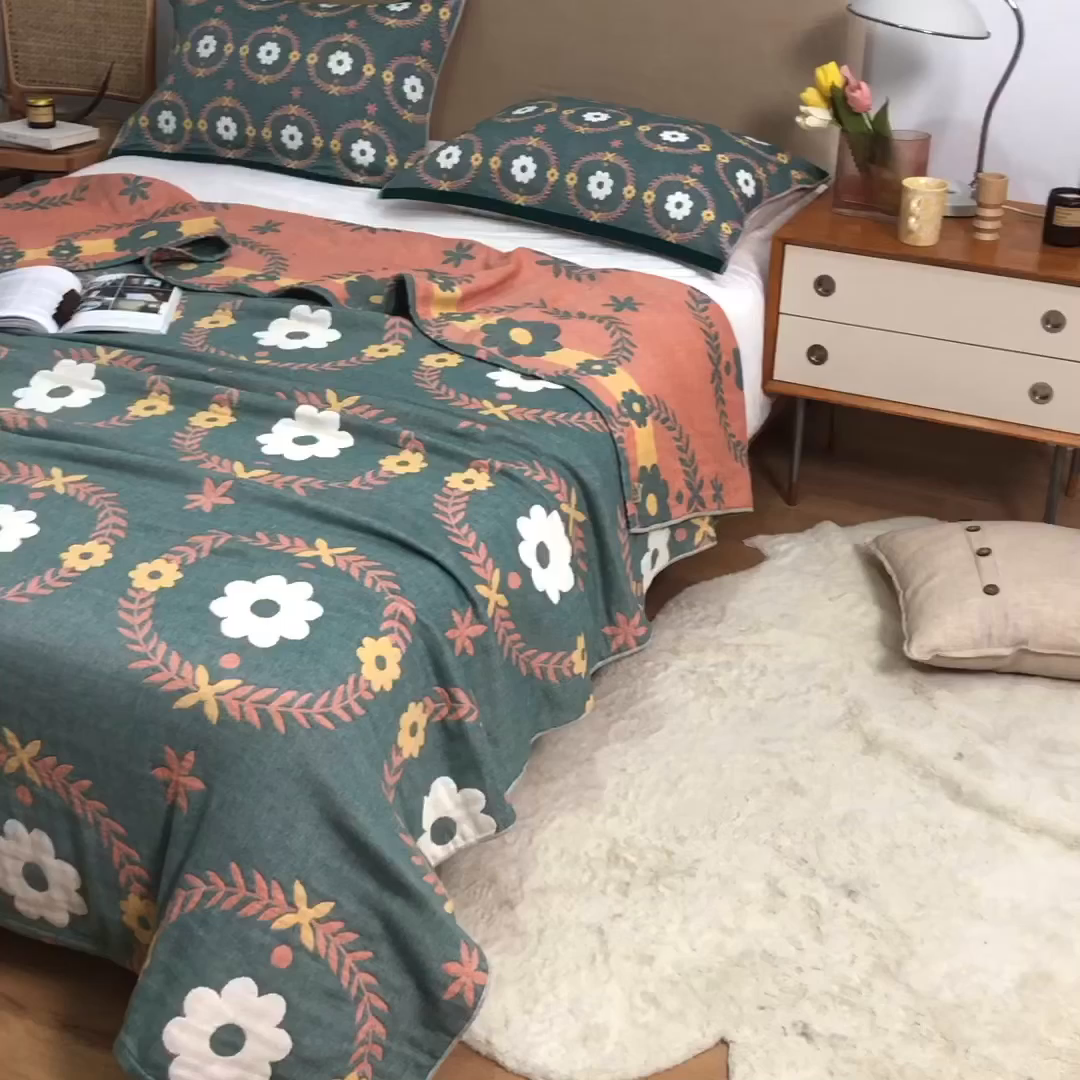 91家纺网 家纺一手货源 找家纺 朴尔家纺-毛巾被 2026春夏新款四层韩版碎花风全棉纯棉纱布毛巾被夏被夏凉被空调被-经典款常年备货 花环-绿