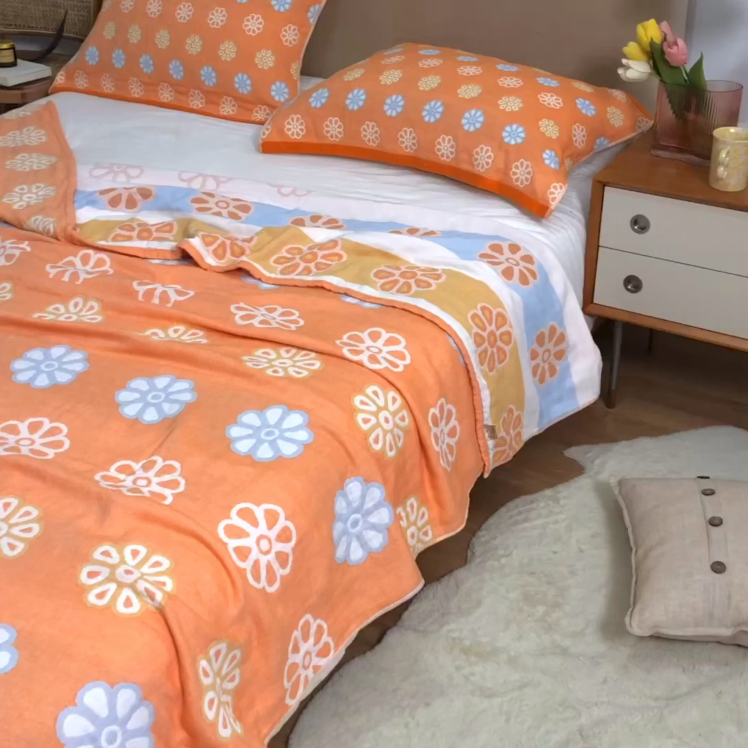 91家纺网 家纺一手货源 找家纺 朴尔家纺-毛巾被 2026春夏新款四层韩版碎花风全棉纯棉纱布毛巾被夏被夏凉被空调被-经典款常年备货 曼陀罗-橘