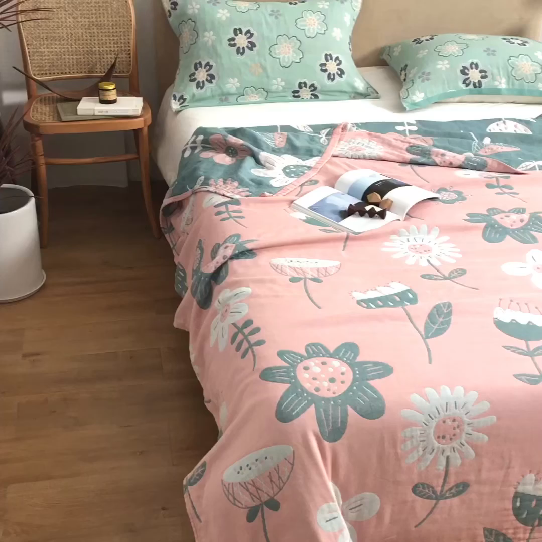 91家纺网 家纺一手货源 找家纺 朴尔家纺-毛巾被 2026春夏新款四层韩版碎花风全棉纯棉纱布毛巾被夏被夏凉被空调被-经典款常年备货 清新夏日-粉