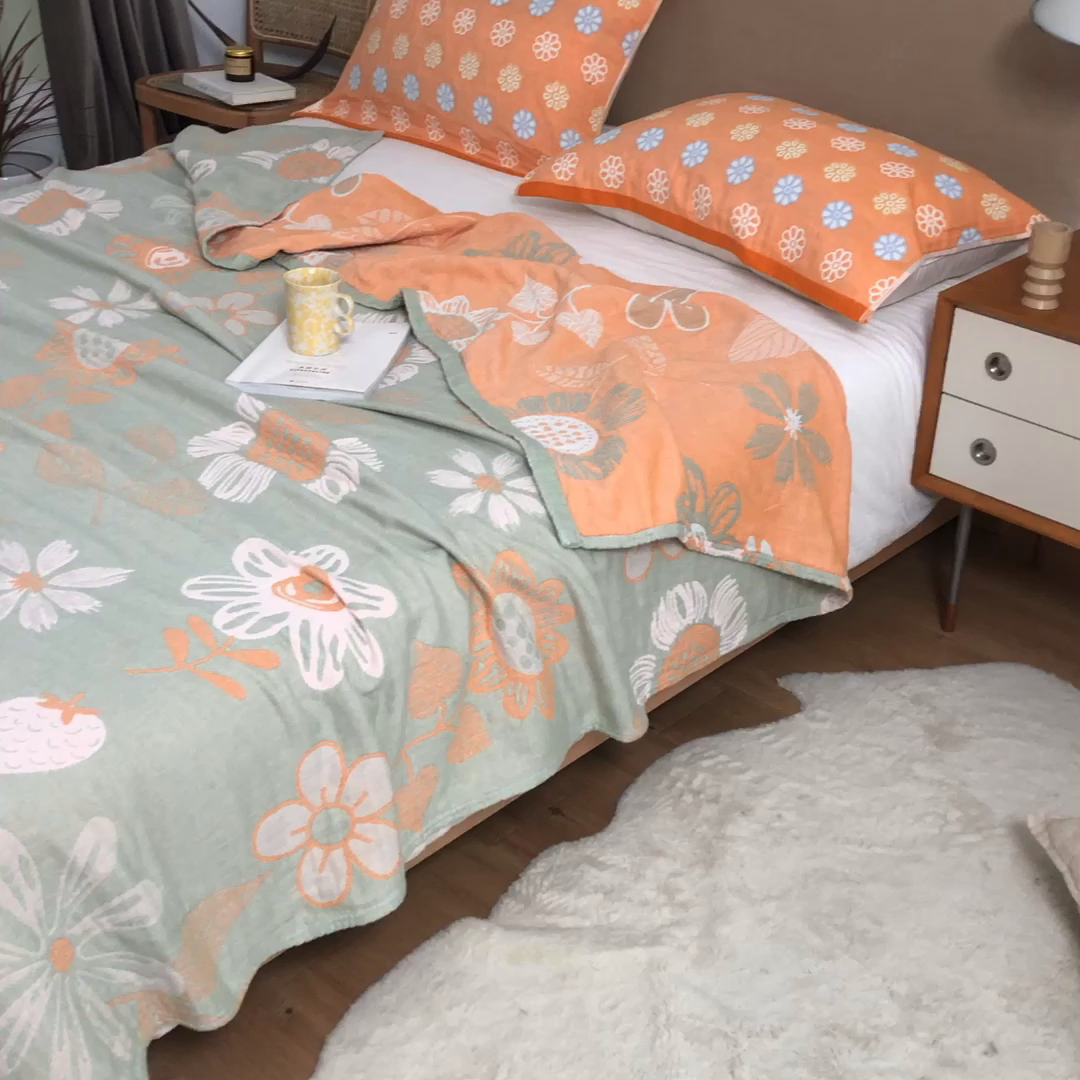 91家纺网 家纺一手货源 找家纺 朴尔家纺-毛巾被 2026春夏新款四层韩版碎花风全棉纯棉纱布毛巾被夏被夏凉被空调被-经典款常年备货 向日花开-绿