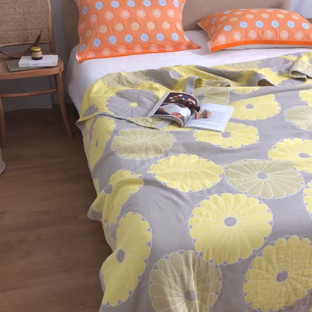 91家纺网 家纺一手货源 找家纺 朴尔家纺-毛巾被 2026春夏新款四层韩版碎花风全棉纯棉纱布毛巾被夏被夏凉被空调被-经典款常年备货 橘子物语-浅灰