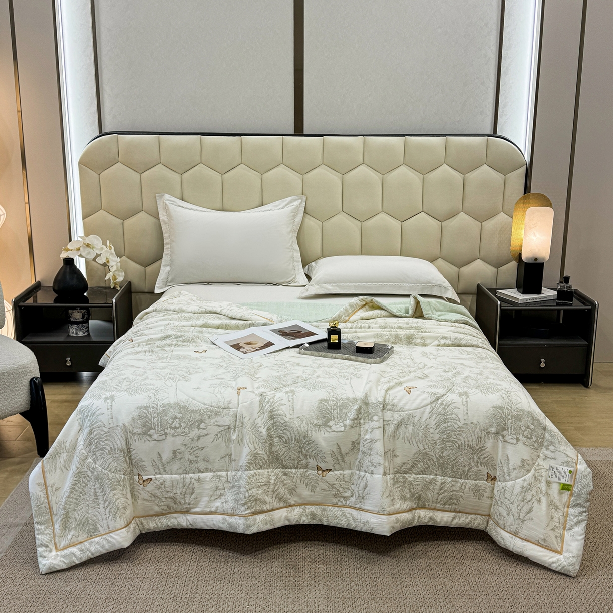 91家纺网 家纺一手货源 找家纺 心悦家纺 2026新款柔丝绵印花夏凉被空调被夏被系列 浅影绿