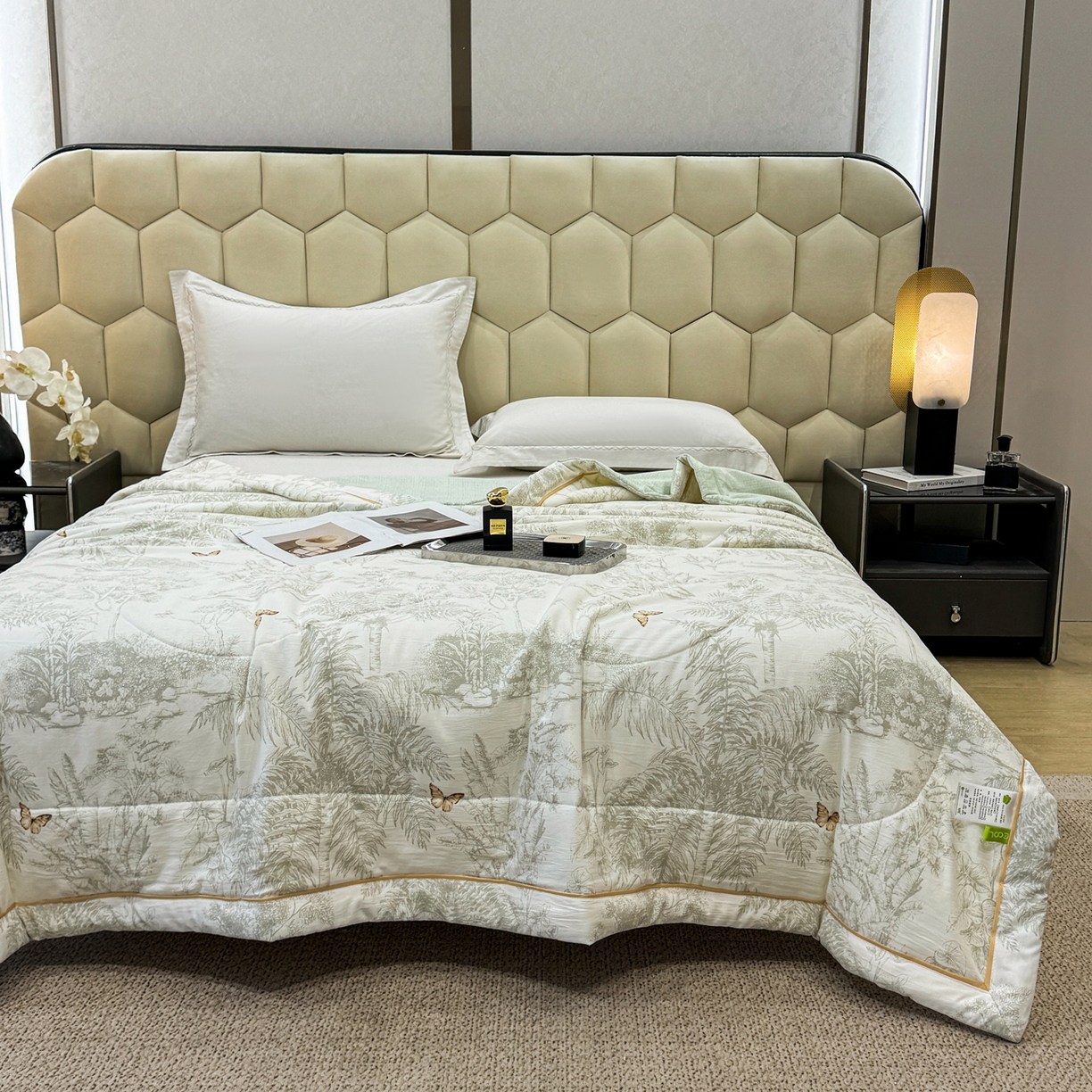 91家纺网 家纺一手货源 找家纺 心悦家纺 2026新款柔丝绵印花夏凉被空调被夏被系列 浅影绿