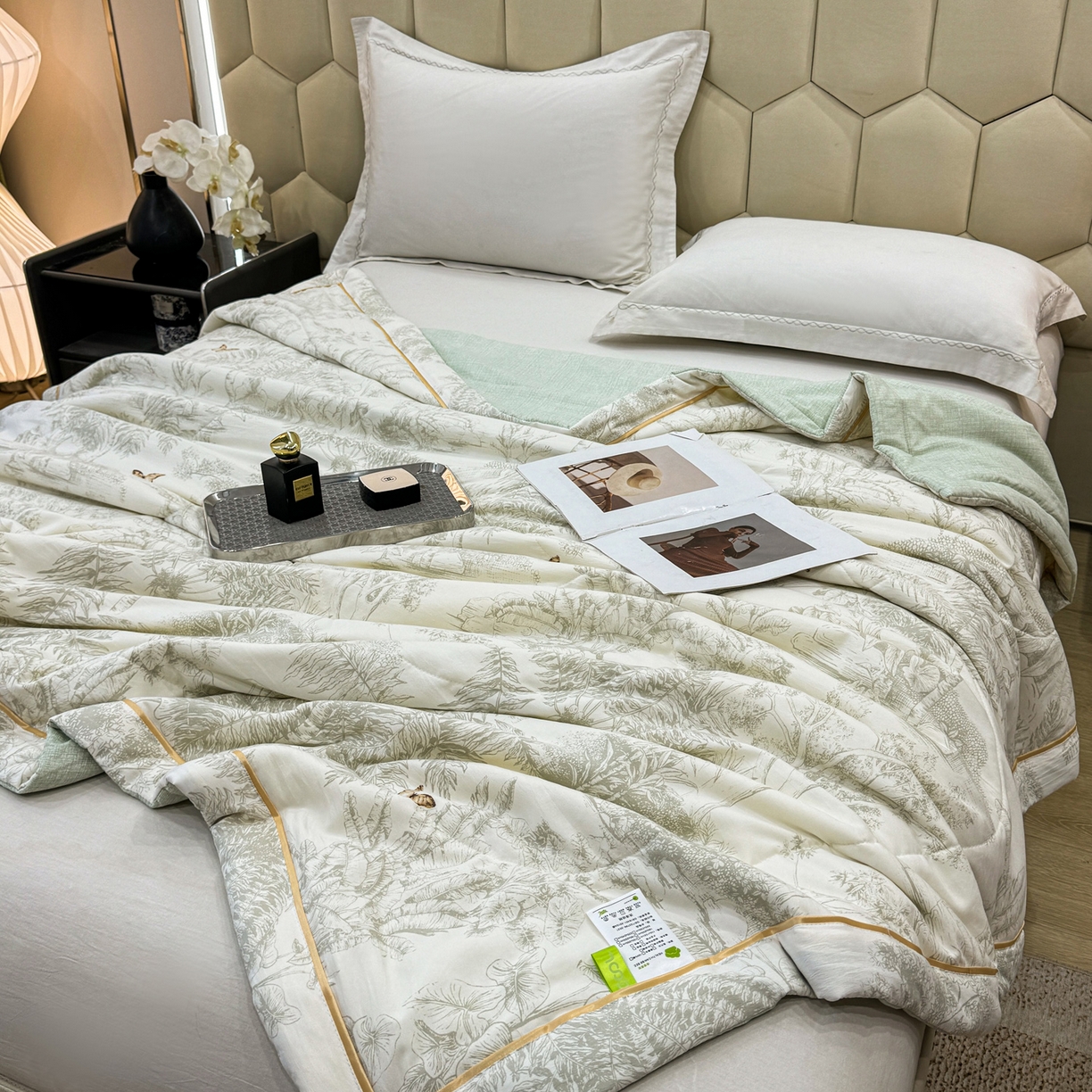 91家纺网 家纺一手货源 找家纺 心悦家纺 2026新款柔丝绵印花夏凉被空调被夏被系列 浅影绿