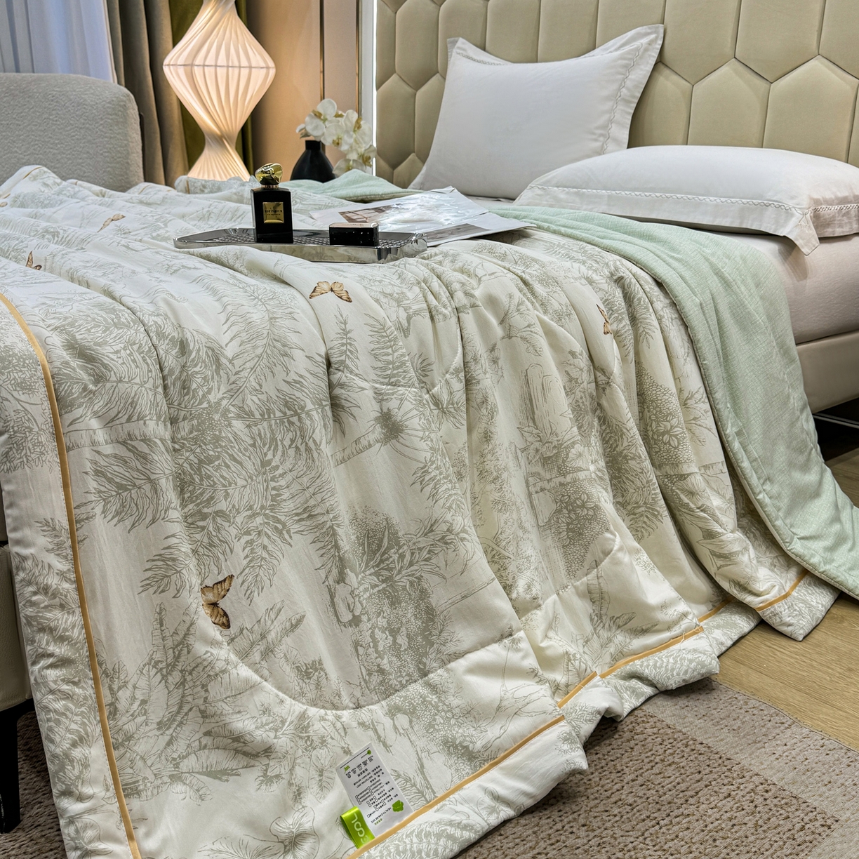 91家纺网 家纺一手货源 找家纺 心悦家纺 2026新款柔丝绵印花夏凉被空调被夏被系列 浅影绿