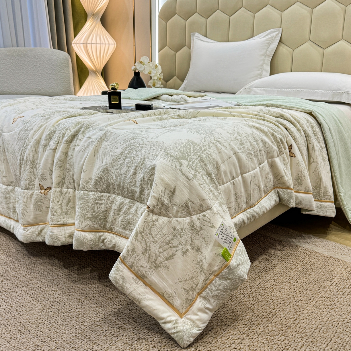 91家纺网 家纺一手货源 找家纺 心悦家纺 2026新款柔丝绵印花夏凉被空调被夏被系列 浅影绿