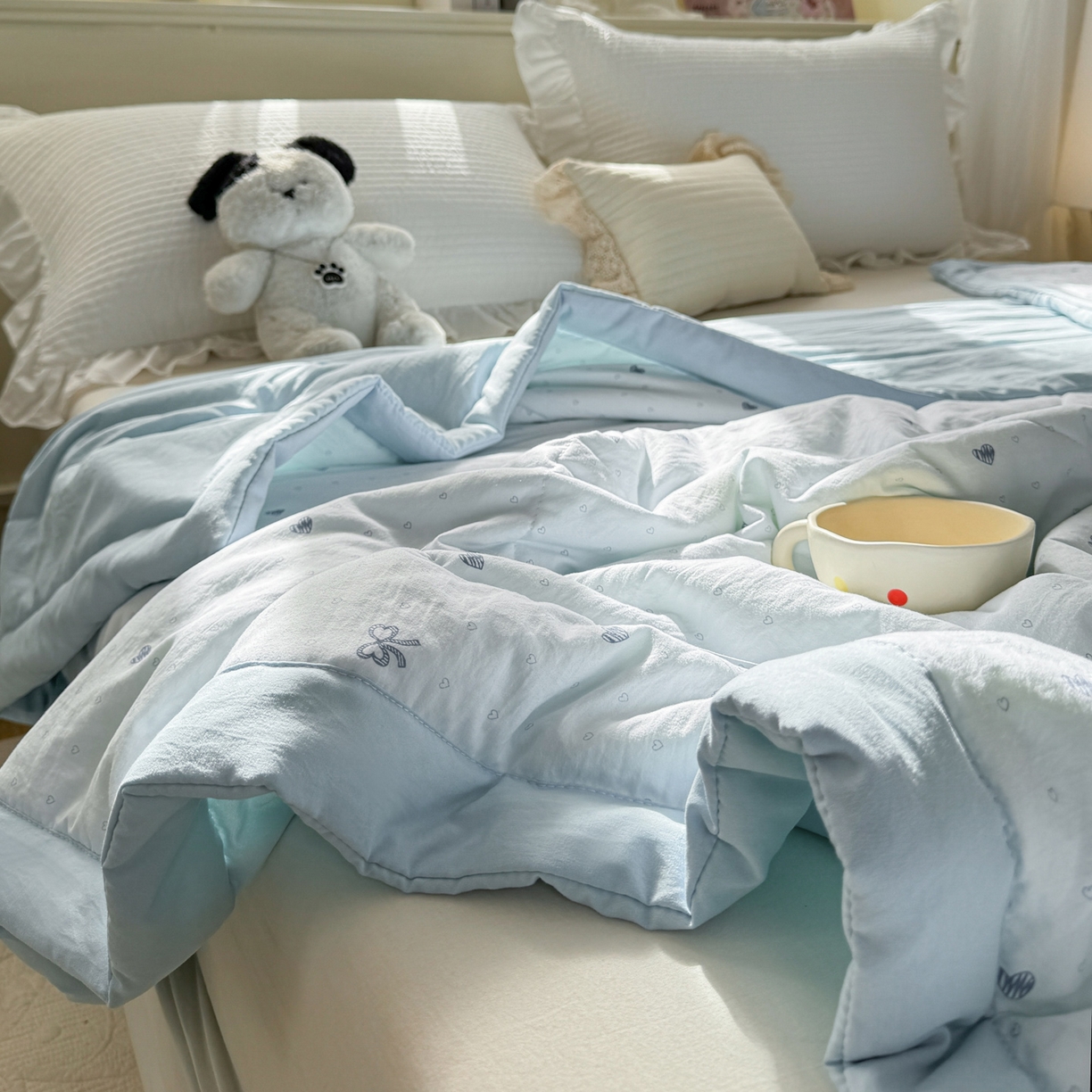 91家纺网 家纺一手货源 找家纺 心悦家纺 2026新款小棉绸印花夏凉被空调被夏被系列 心相印兰