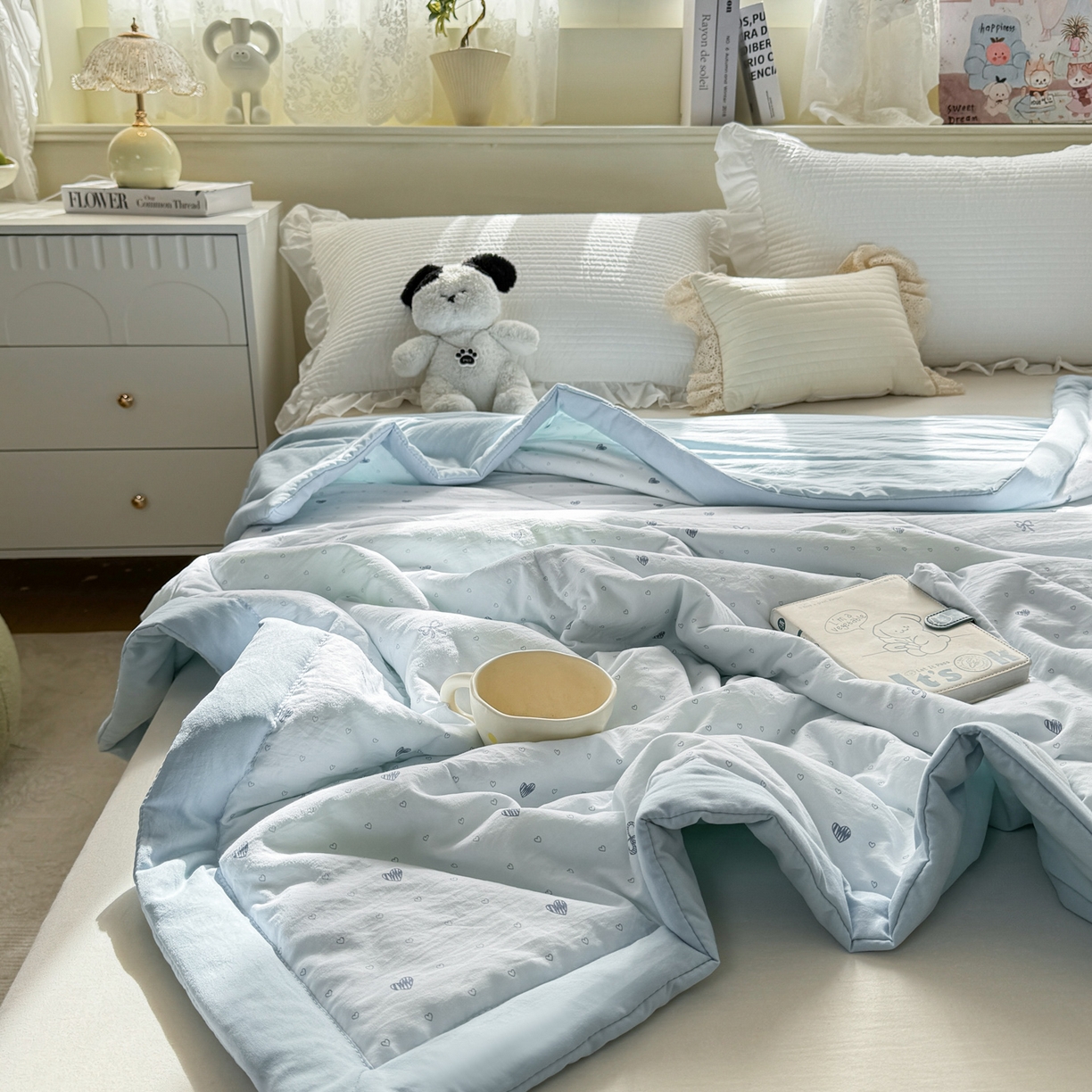 91家纺网 家纺一手货源 找家纺 心悦家纺 2026新款小棉绸印花夏凉被空调被夏被系列 心相印兰