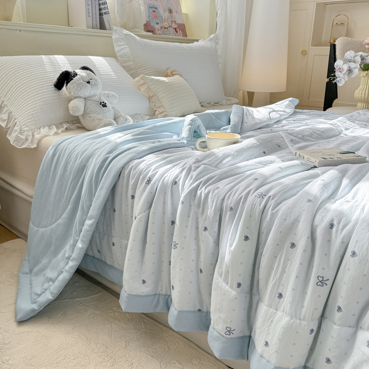 91家纺网 家纺一手货源 找家纺 心悦家纺 2026新款小棉绸印花夏凉被空调被夏被系列 心相印兰