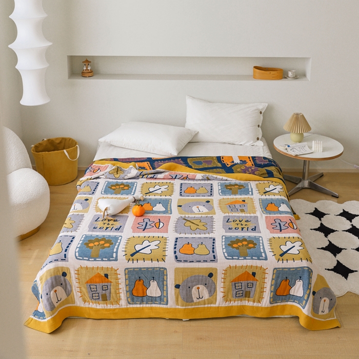 91家纺网 家纺一手货源 找家纺 朴尔家纺-毛巾被 2026春夏新款调皮风宽边加厚透气全棉纯棉四层纱布毛巾被夏被夏凉被空调被 卡片总动员