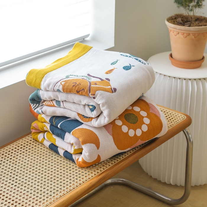 91家纺网 家纺一手货源 找家纺 （总）朴尔家纺-毛巾被 2026春夏新款调皮风宽边加厚透气全棉纯棉四层纱布毛巾被夏被夏凉被空调被