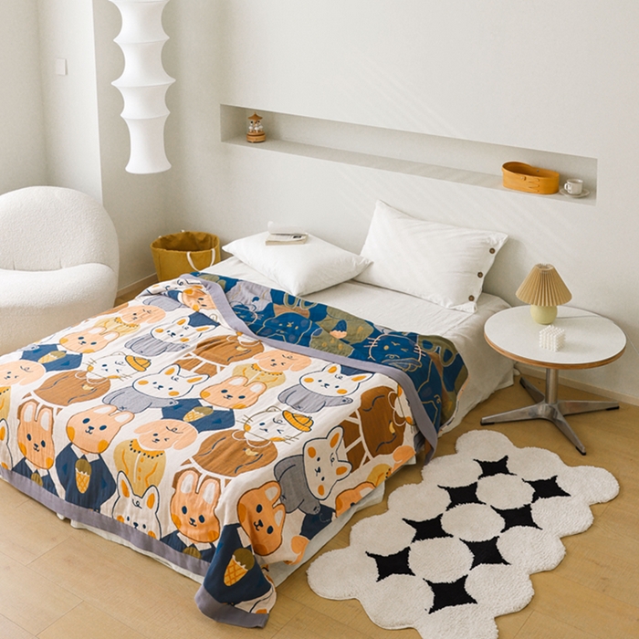 91家纺网 家纺一手货源 找家纺 朴尔家纺-毛巾被 2026春夏新款调皮风宽边加厚透气全棉纯棉四层纱布毛巾被夏被夏凉被空调被 兔兔王国