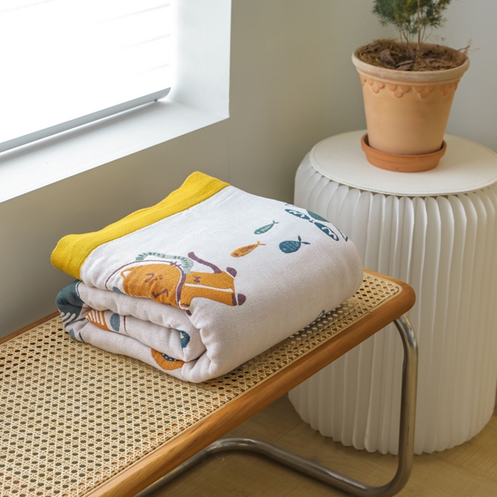 91家纺网 家纺一手货源 找家纺 朴尔家纺-毛巾被 2026春夏新款调皮风宽边加厚透气全棉纯棉四层纱布毛巾被夏被夏凉被空调被 组合图仅供展示不可下单