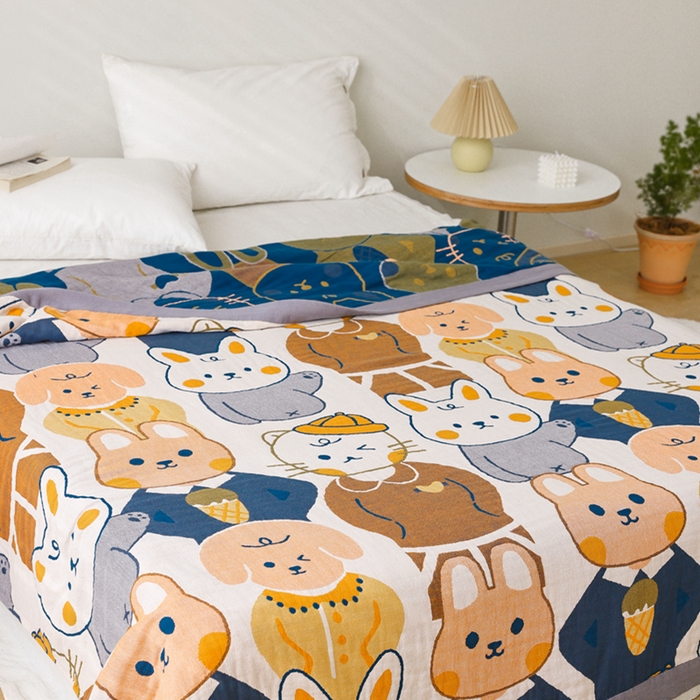 91家纺网 家纺一手货源 找家纺 朴尔家纺-毛巾被 2026春夏新款调皮风宽边加厚透气全棉纯棉四层纱布毛巾被夏被夏凉被空调被 兔兔王国