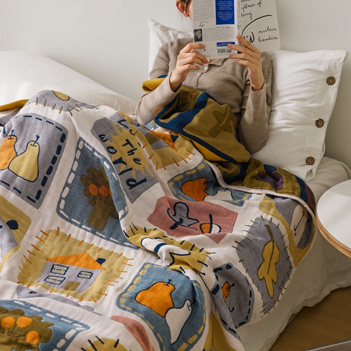 91家纺网 家纺一手货源 找家纺 朴尔家纺-毛巾被 2026春夏新款调皮风宽边加厚透气全棉纯棉四层纱布毛巾被夏被夏凉被空调被 卡片总动员