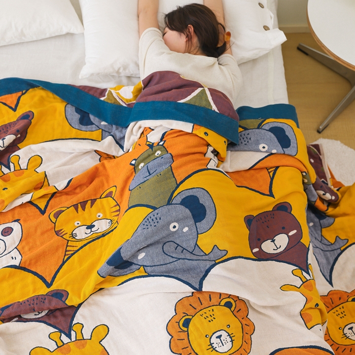 91家纺网 家纺一手货源 找家纺 朴尔家纺-毛巾被 2026春夏新款调皮风宽边加厚透气全棉纯棉四层纱布毛巾被夏被夏凉被空调被 快乐动物
