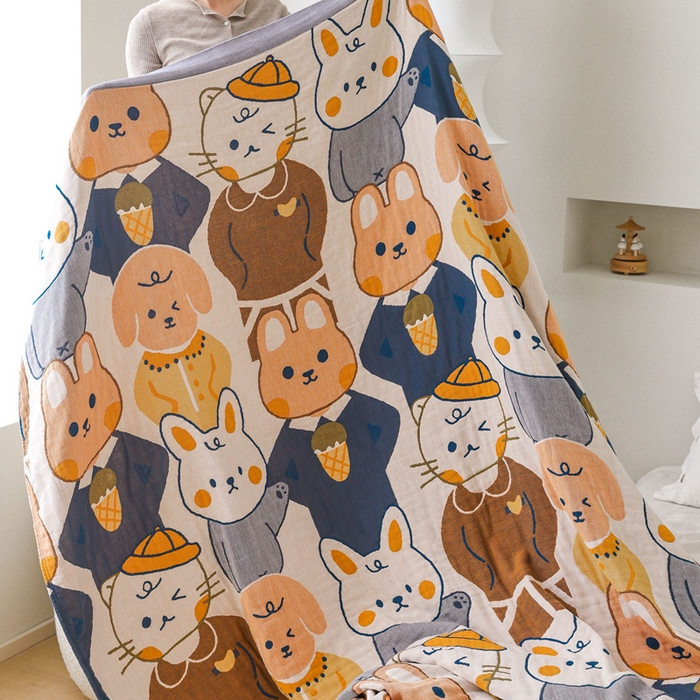 91家纺网 家纺一手货源 找家纺 朴尔家纺-毛巾被 2026春夏新款调皮风宽边加厚透气全棉纯棉四层纱布毛巾被夏被夏凉被空调被 兔兔王国