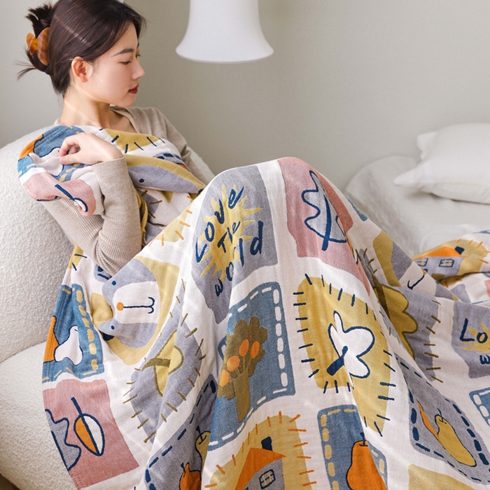 91家纺网 家纺一手货源 找家纺 朴尔家纺-毛巾被 2026春夏新款调皮风宽边加厚透气全棉纯棉四层纱布毛巾被夏被夏凉被空调被 卡片总动员