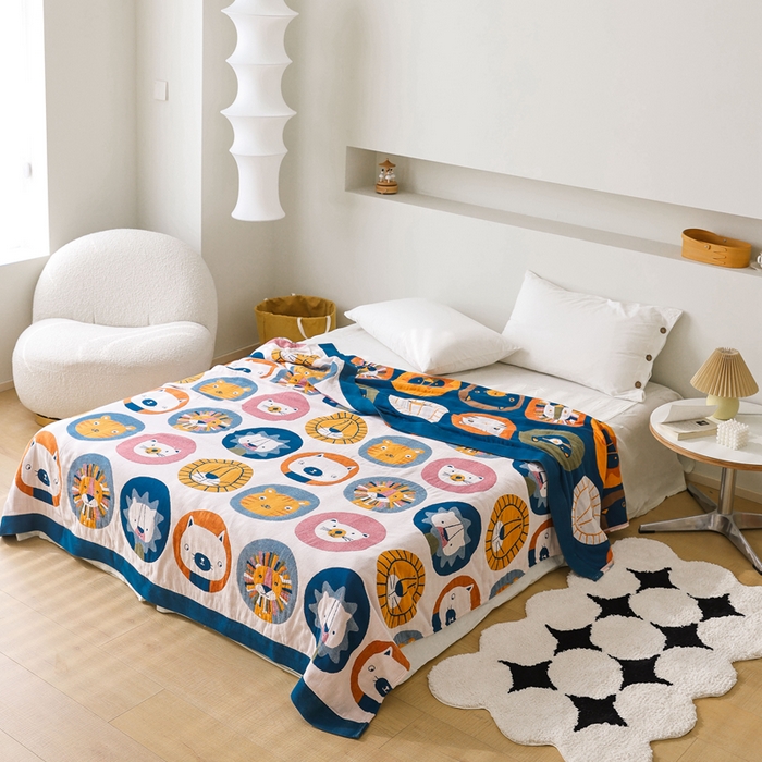 91家纺网 家纺一手货源 找家纺 朴尔家纺-毛巾被 2026春夏新款调皮风宽边加厚透气全棉纯棉四层纱布毛巾被夏被夏凉被空调被 大头贴