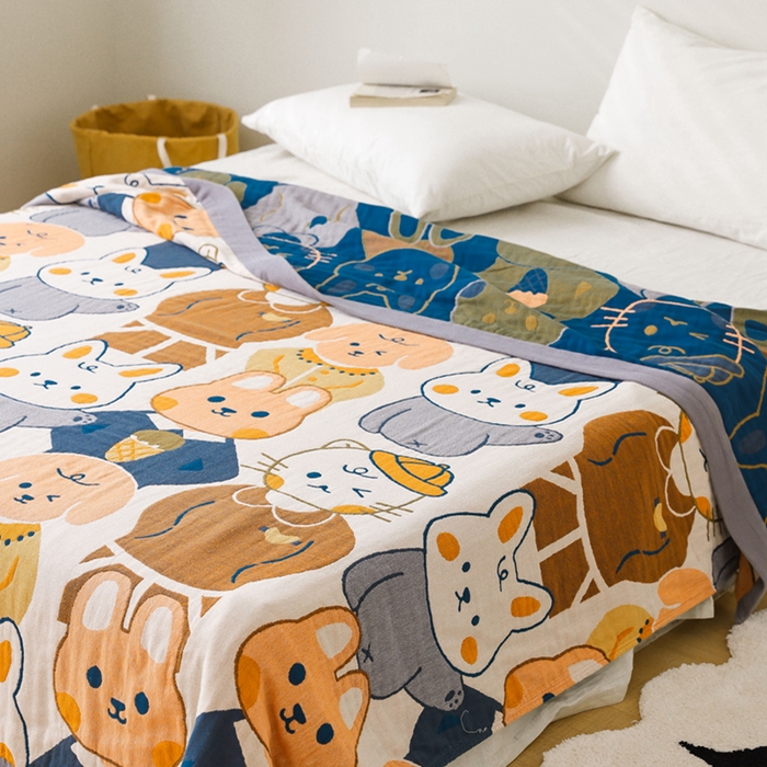 91家纺网 家纺一手货源 找家纺 朴尔家纺-毛巾被 2026春夏新款调皮风宽边加厚透气全棉纯棉四层纱布毛巾被夏被夏凉被空调被 兔兔王国