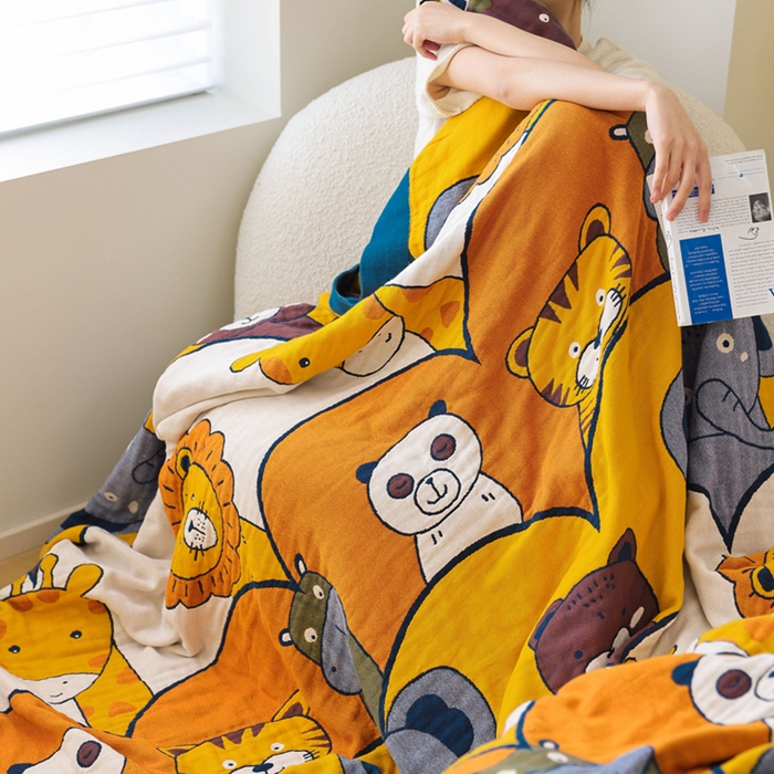 91家纺网 家纺一手货源 找家纺 朴尔家纺-毛巾被 2026春夏新款调皮风宽边加厚透气全棉纯棉四层纱布毛巾被夏被夏凉被空调被 快乐动物