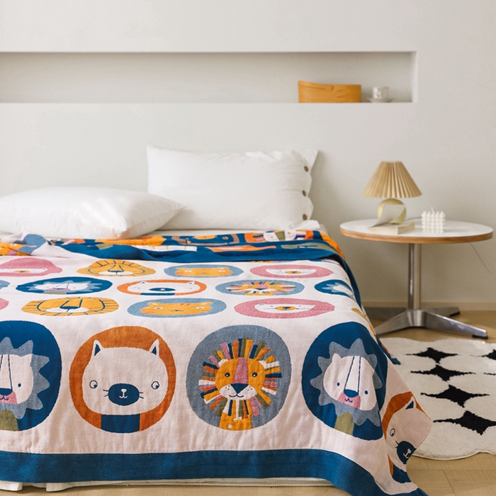 91家纺网 家纺一手货源 找家纺 朴尔家纺-毛巾被 2026春夏新款调皮风宽边加厚透气全棉纯棉四层纱布毛巾被夏被夏凉被空调被 大头贴