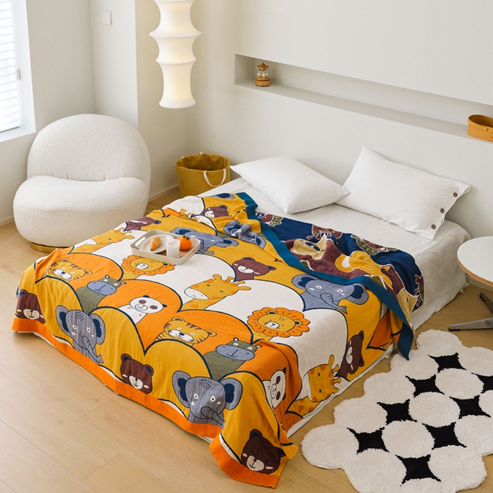 91家纺网 家纺一手货源 找家纺 朴尔家纺-毛巾被 2026春夏新款调皮风宽边加厚透气全棉纯棉四层纱布毛巾被夏被夏凉被空调被 快乐动物