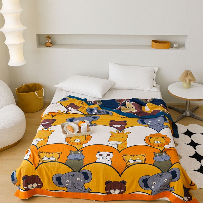 朴尔家纺-毛巾被 2026春夏新款调皮风宽边加厚透气全棉纯棉四层纱布毛巾被夏被夏凉被空调被 快乐动物