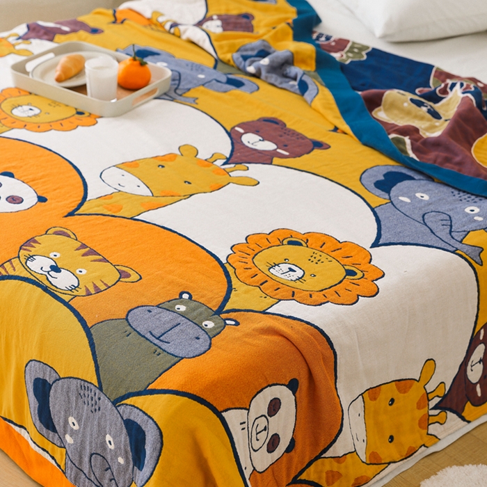 91家纺网 家纺一手货源 找家纺 朴尔家纺-毛巾被 2026春夏新款调皮风宽边加厚透气全棉纯棉四层纱布毛巾被夏被夏凉被空调被 快乐动物