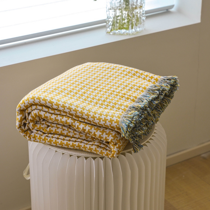 91家纺网 家纺一手货源 找家纺 朴尔家纺-毛巾被 2026春夏新款千鸟格AB面纯色流苏全棉纯棉纱布毛巾被系列夏被夏凉被空调被 千鸟流苏-黄