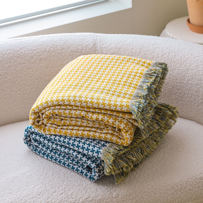 91家纺网 家纺一手货源 找家纺 （总）朴尔家纺-毛巾被 2026春夏新款千鸟格AB面纯色流苏全棉纯棉纱布毛巾被系列夏被夏凉被空调被