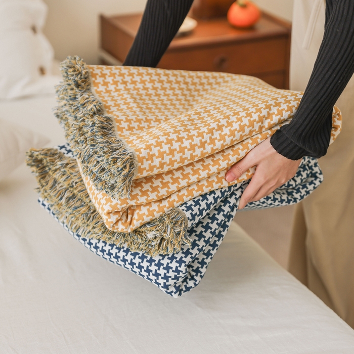 91家纺网 家纺一手货源 找家纺 （总）朴尔家纺-毛巾被 2026春夏新款千鸟格AB面纯色流苏全棉纯棉纱布毛巾被系列夏被夏凉被空调被