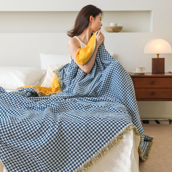 91家纺网 家纺一手货源 找家纺 朴尔家纺-毛巾被 2026春夏新款千鸟格AB面纯色流苏全棉纯棉纱布毛巾被系列夏被夏凉被空调被 千鸟流苏-蓝