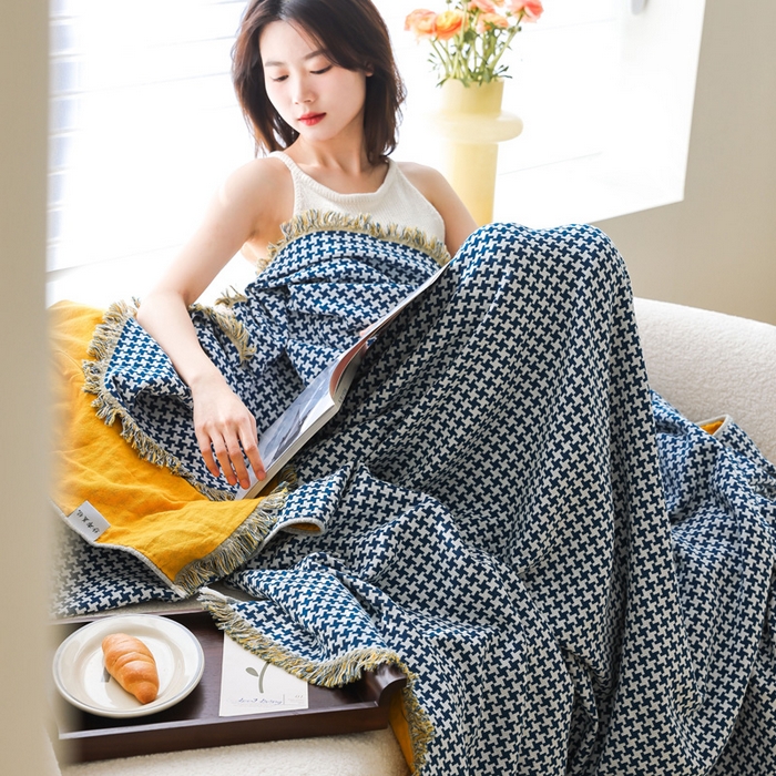 91家纺网 家纺一手货源 找家纺 朴尔家纺-毛巾被 2026春夏新款千鸟格AB面纯色流苏全棉纯棉纱布毛巾被系列夏被夏凉被空调被 千鸟流苏-蓝