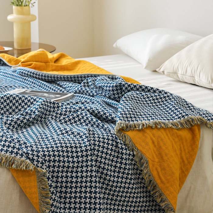 91家纺网 家纺一手货源 找家纺 朴尔家纺-毛巾被 2026春夏新款千鸟格AB面纯色流苏全棉纯棉纱布毛巾被系列夏被夏凉被空调被 千鸟流苏-蓝