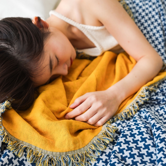 91家纺网 家纺一手货源 找家纺 朴尔家纺-毛巾被 2026春夏新款千鸟格AB面纯色流苏全棉纯棉纱布毛巾被系列夏被夏凉被空调被 千鸟流苏-蓝