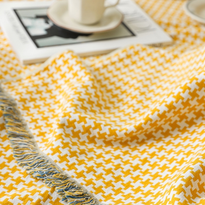 91家纺网 家纺一手货源 找家纺 朴尔家纺-毛巾被 2026春夏新款千鸟格AB面纯色流苏全棉纯棉纱布毛巾被系列夏被夏凉被空调被 千鸟流苏-黄