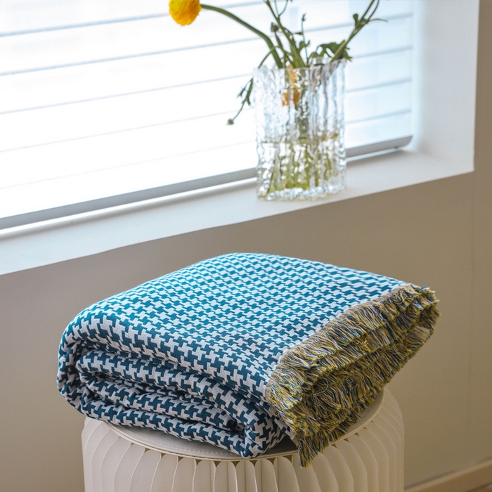 朴尔家纺-毛巾被 2026春夏新款千鸟格AB面纯色流苏全棉纯棉纱布毛巾被系列夏被夏凉被空调被 千鸟流苏-蓝