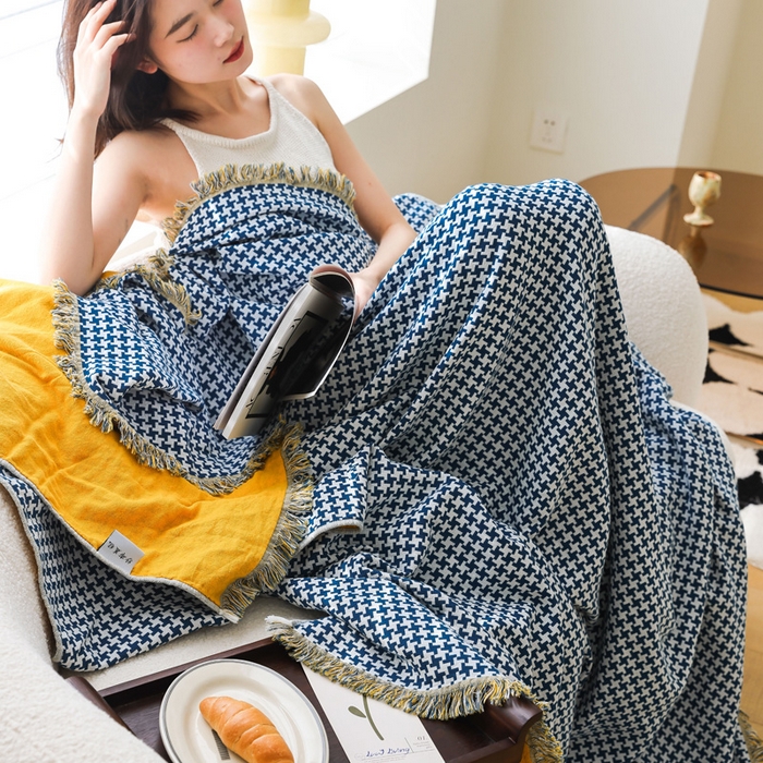 91家纺网 家纺一手货源 找家纺 朴尔家纺-毛巾被 2026春夏新款千鸟格AB面纯色流苏全棉纯棉纱布毛巾被系列夏被夏凉被空调被 千鸟流苏-蓝