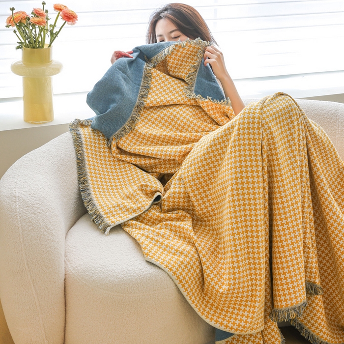 91家纺网 家纺一手货源 找家纺 朴尔家纺-毛巾被 2026春夏新款千鸟格AB面纯色流苏全棉纯棉纱布毛巾被系列夏被夏凉被空调被 千鸟流苏-黄