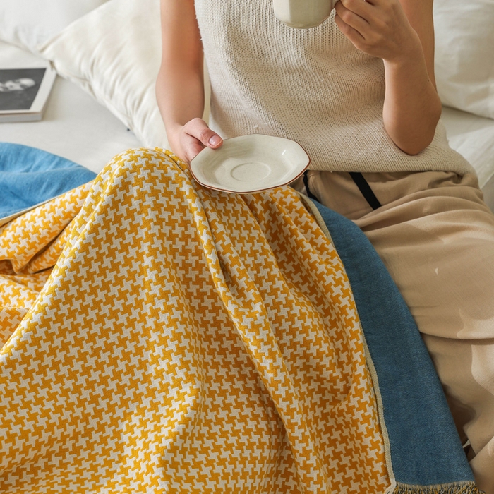 91家纺网 家纺一手货源 找家纺 朴尔家纺-毛巾被 2026春夏新款千鸟格AB面纯色流苏全棉纯棉纱布毛巾被系列夏被夏凉被空调被 千鸟流苏-黄