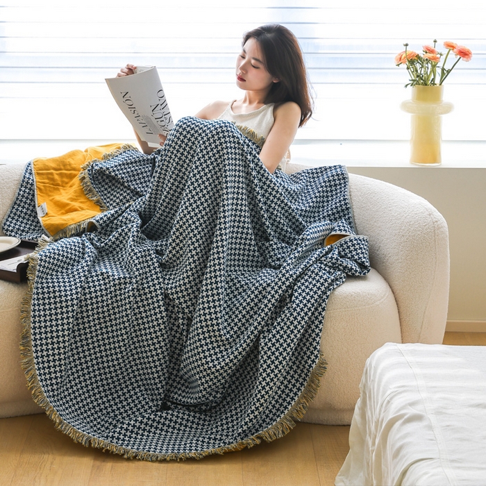 91家纺网 家纺一手货源 找家纺 朴尔家纺-毛巾被 2026春夏新款千鸟格AB面纯色流苏全棉纯棉纱布毛巾被系列夏被夏凉被空调被 千鸟流苏-蓝