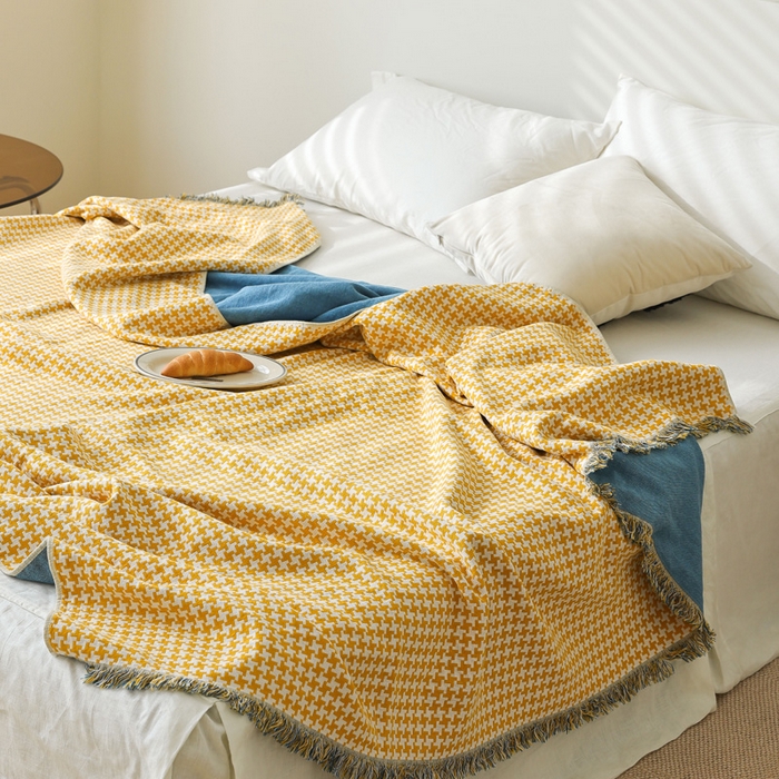 91家纺网 家纺一手货源 找家纺 朴尔家纺-毛巾被 2026春夏新款千鸟格AB面纯色流苏全棉纯棉纱布毛巾被系列夏被夏凉被空调被 千鸟流苏-黄